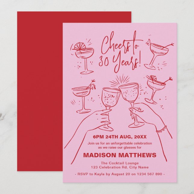 Hand-Drawn Cocktail Cheers 30th Birthday  Invitation (Front/Back)