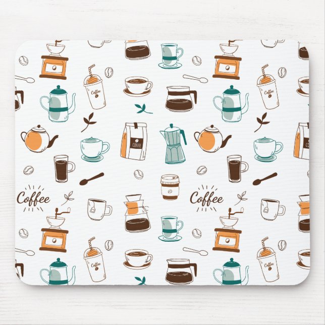 Hand Drawn Coffee and Cafe Pattern Mouse Mat (Front)