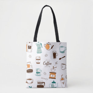 Hand Drawn Coffee and Cafe Pattern Tote Bag