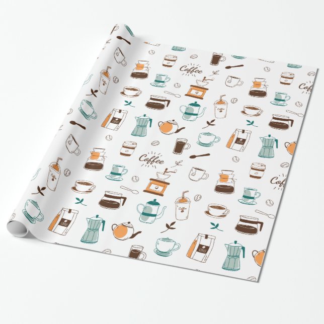 Hand Drawn Coffee and Cafe Pattern Wrapping Paper (Unrolled)