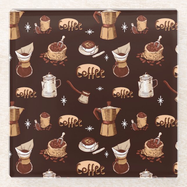 Hand Drawn Coffee Pot, Beans & Cup Glass Coaster (Front)