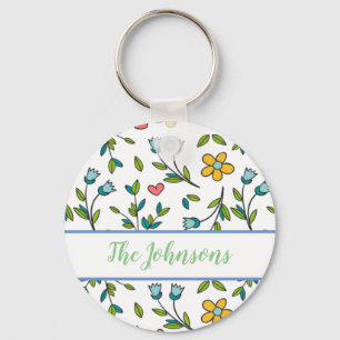 Hand-Drawn Colorful Floral & Hearts Pattern  Key Ring