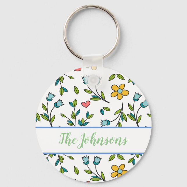 Hand-Drawn Colorful Floral & Hearts Pattern  Key Ring (Front)