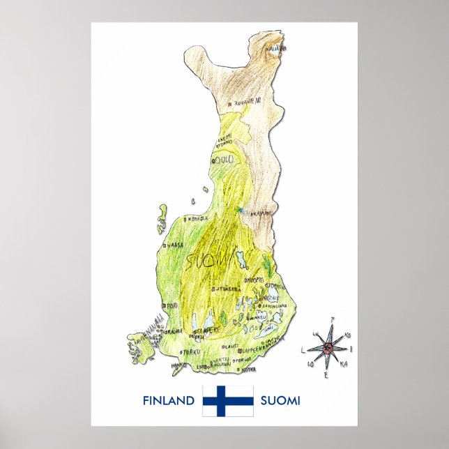 Hand Drawn Colour Map of Finland Poster (Front)