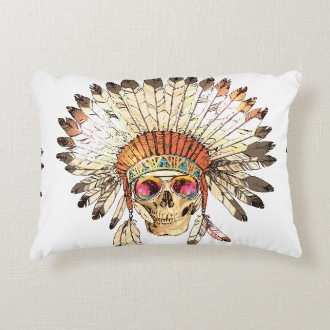Hand Drawn Colour Native American Indian Headdress Decorative Cushion (Front)