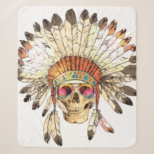 Hand Drawn Colour Native American Indian Headdress Sherpa Blanket