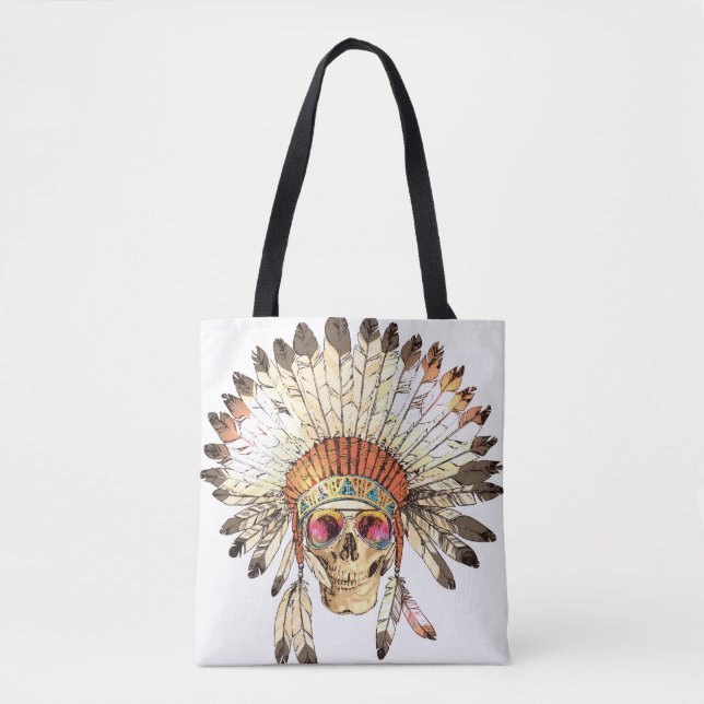 Hand Drawn Colour Native American Indian Headdress Tote Bag (Front)