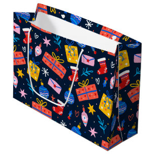 Hand Drawn Colourful Christmas Pattern, Deep Blue Large Gift Bag