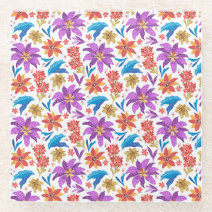 Hand Drawn Colourful Exotic Floral Pattern-70703 Glass Coaster