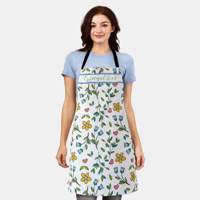 Hand-Drawn Colourful Floral & Hearts Pattern  Apron (Worn)