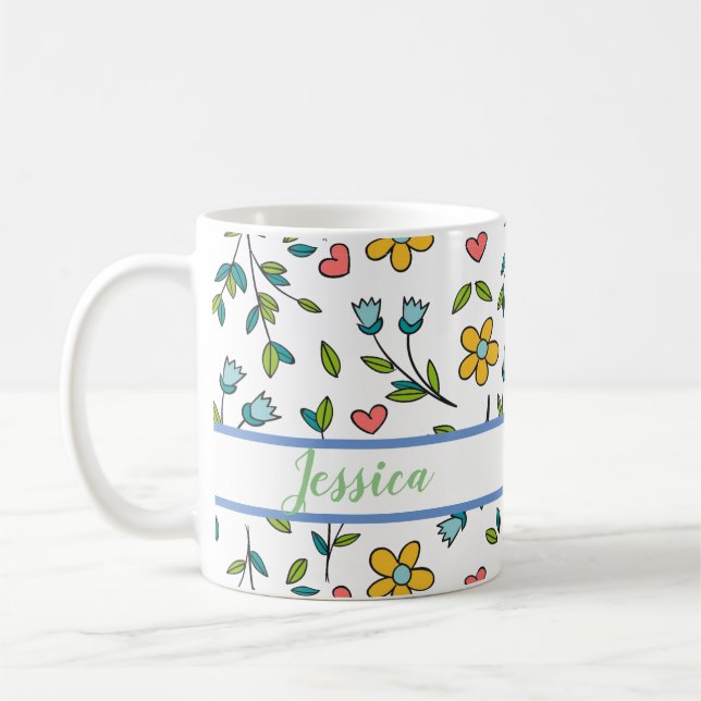 Hand-Drawn Colourful Floral & Hearts Pattern Coffee Mug (Left)