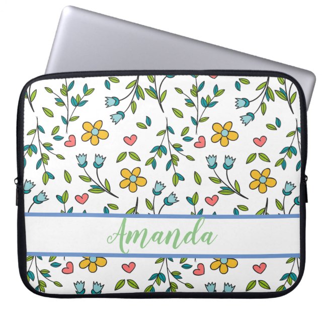 Hand-Drawn Colourful Floral & Hearts Pattern  Laptop Sleeve (Front)