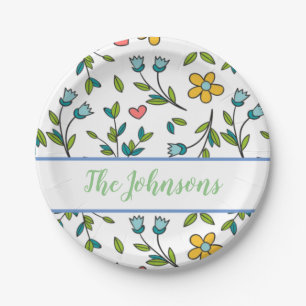Hand-Drawn Colourful Floral & Hearts Pattern Paper Plate
