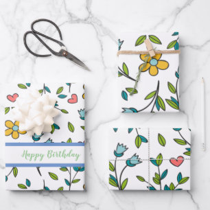 Hand-Drawn Colourful Floral & Hearts Pattern Wrapping Paper Sheet