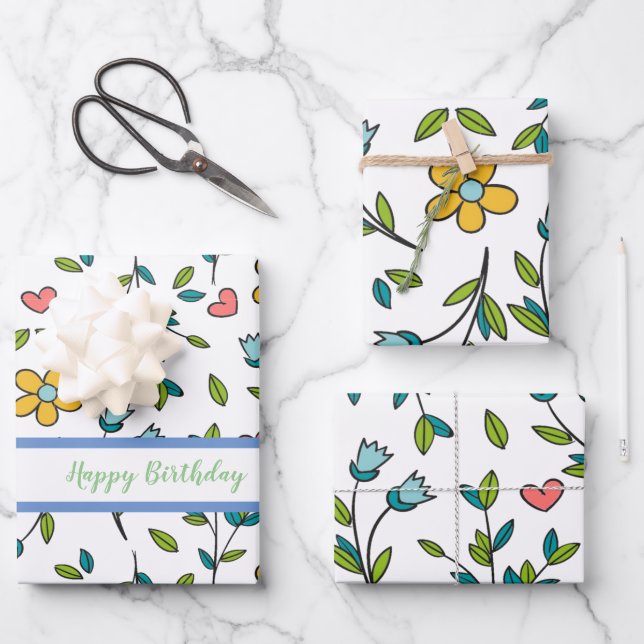 Hand-Drawn Colourful Floral & Hearts Pattern  Wrapping Paper Sheet (Front)