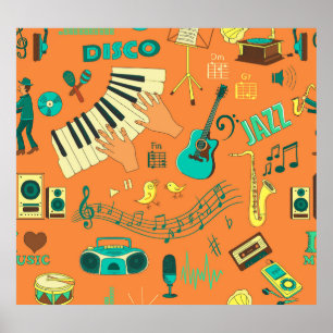 Hand-drawn colourful music pattern poster