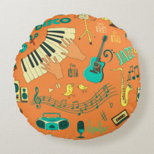 Hand-drawn colourful music pattern round cushion