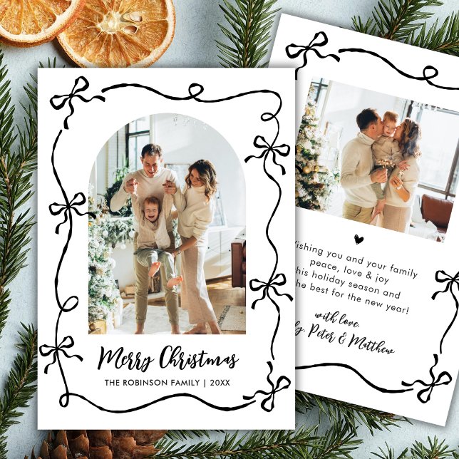 Hand Drawn Coquette Bow Arch Photo Merry Christmas Holiday Card (Creator Uploaded)