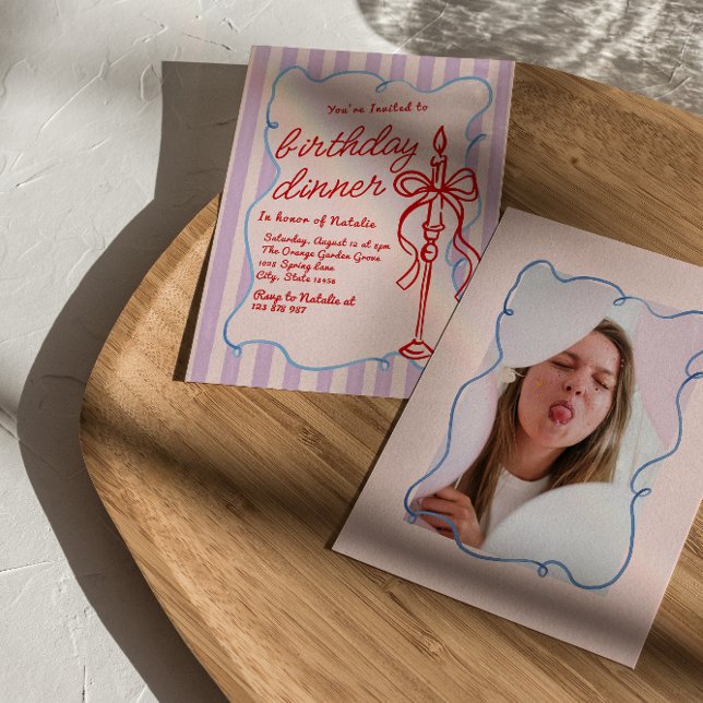 Hand Drawn Coquette Candle Photo Birthday Dinner Invitation (Creator Uploaded)