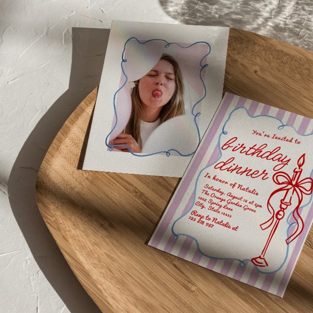 Hand Drawn Coquette Candle Photo Birthday Dinner Invitation (Creator Uploaded)