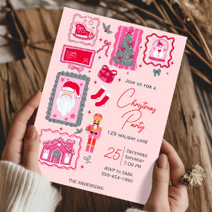 Hand Drawn coquette doodle pink christmas party Invitation