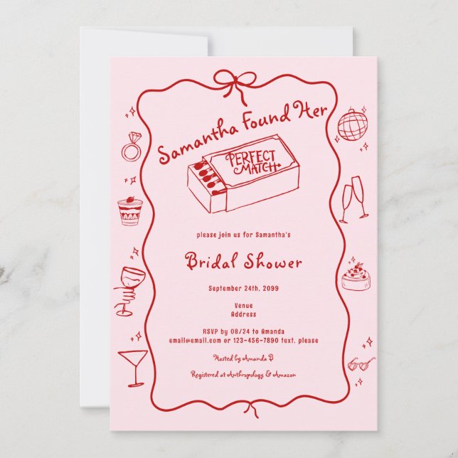 Hand Drawn Coquette Perfect Match Bridal Shower Invitation (Front)