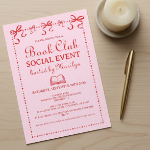 Hand Drawn Coquette Pink Red Book Club Invitation