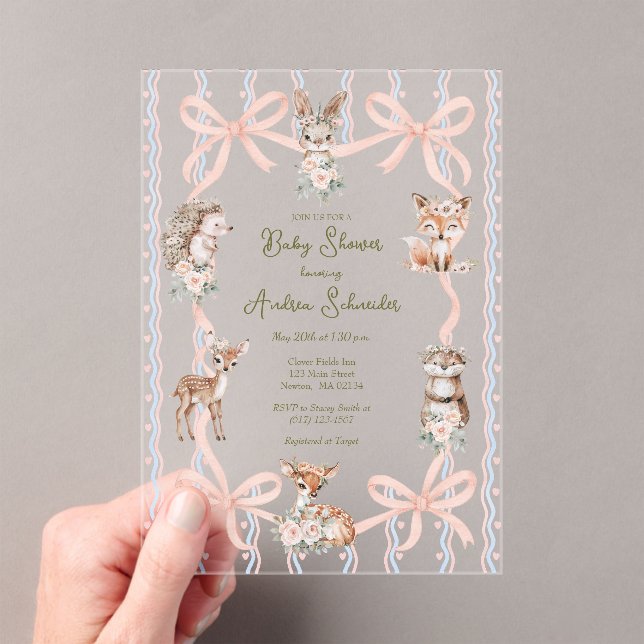 Hand Drawn Coquette Ribbon Woodland Baby Shower  Acrylic Invitations (Insitu (Handheld))