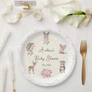 Hand Drawn Coquette Ribbon Woodland Baby Shower Paper Plate