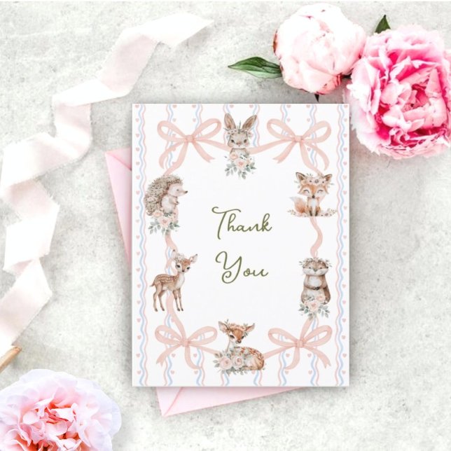 Hand Drawn Coquette Ribbon Woodland Baby Shower  Thank You Card (Creator Uploaded)