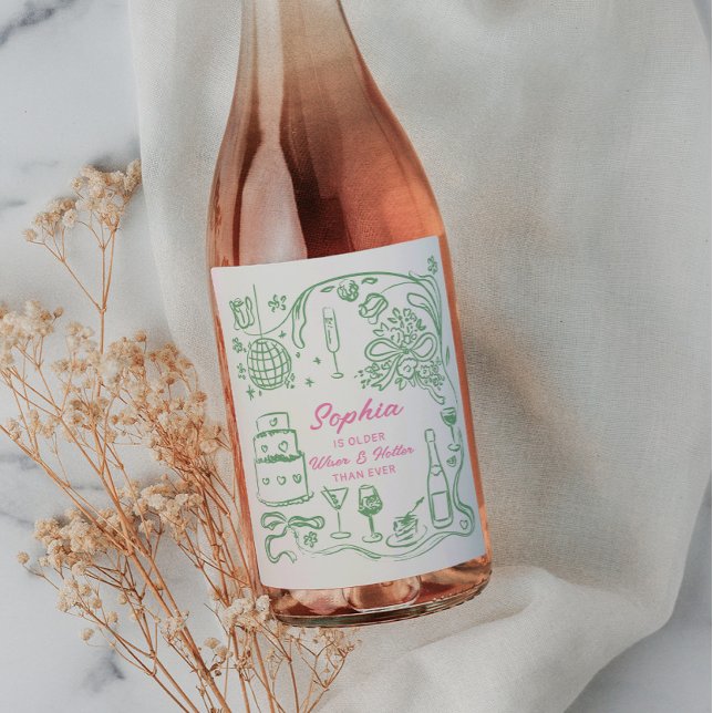 Hand Drawn Coquette Wiser and Hotter Birthday Wine Label (Creator Uploaded)