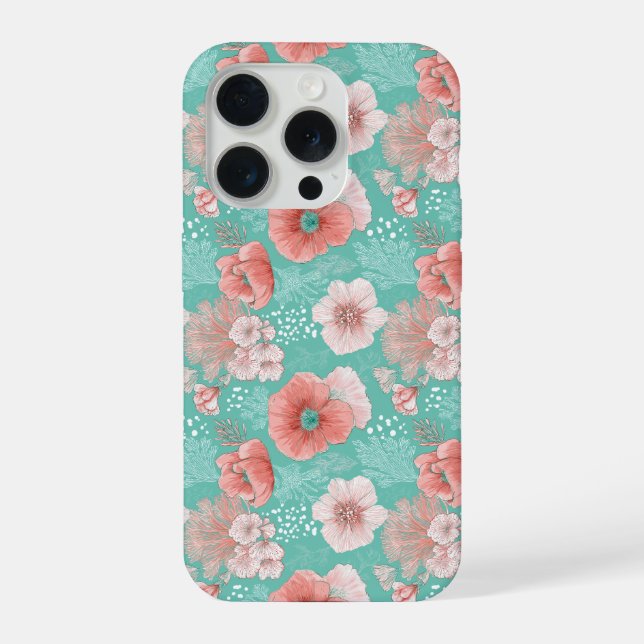 Hand Drawn Coral Flower Mint Floral Pattern iPhone Case (Back)