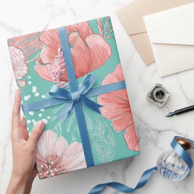 Hand Drawn Coral Flower Mint Floral Pattern Wrapping Paper (Gifting)