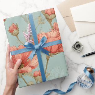 Hand Drawn Coral Flower Mint Floral Pattern Wrapping Paper