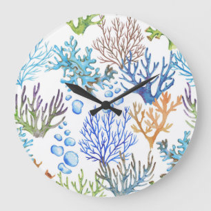 Hand-drawn corals: underwater sea pattern. large clock