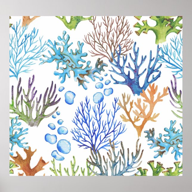 Hand-drawn corals: underwater sea pattern. poster (Front)