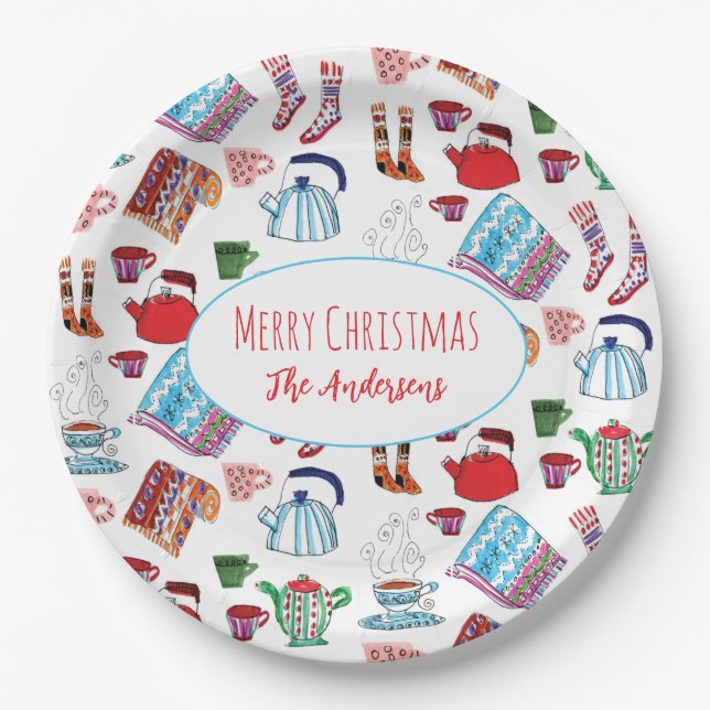 Hand-Drawn Cosy Christmas Personalised Retro   Paper Plate (Front)
