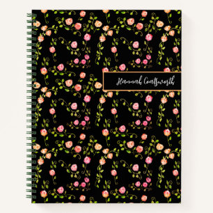 Hand-Drawn Cottagecore Roses Personalised Black Notebook