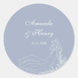 Hand Drawn Couple Dusty Blue Wedding Classic Round Sticker