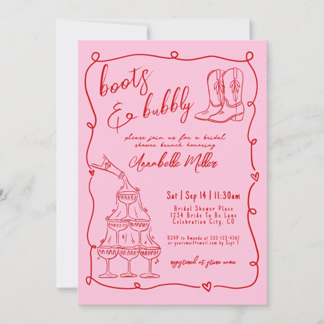 Hand Drawn Cowgirl Country Bridal Shower Invitation (Front)