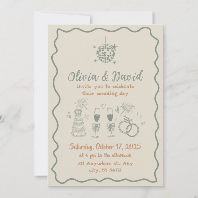 Hand drawn cream and green squiggly lines wedding invitation (Front)