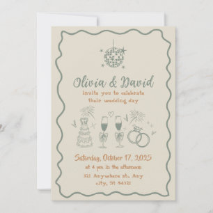 Hand drawn cream and green squiggly lines wedding invitation