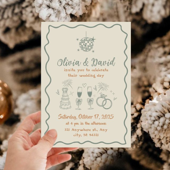 Hand drawn cream and green squiggly lines wedding invitation (Creator Uploaded)