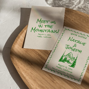 Hand Drawn Cream Green Boho  Mountain Wedding   Save The Date