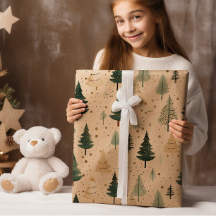 Hand Drawn Cream Kraft Rustic Pine Tree Wrapping Paper