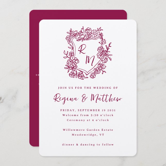 Hand Drawn Crest Monogram All-in-one Wedding Invitation (Front/Back)