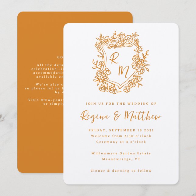 Hand Drawn Crest Monogram All-in-one Wedding Invitation (Front/Back)