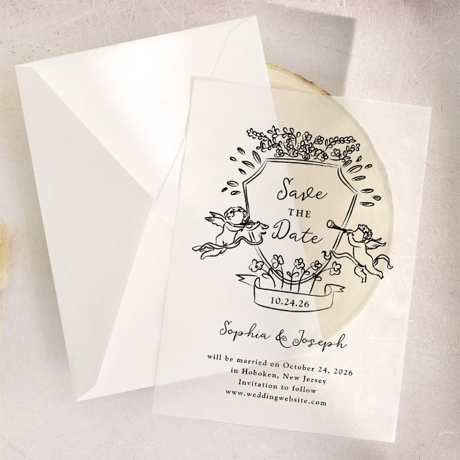 Hand Drawn Crest with Cherubs | Save the Date Vellum Invitations (Creator Uploaded)