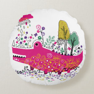 Hand Drawn Crocodile Wild Art Round Cushion