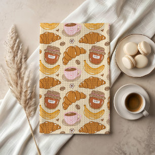 Hand-Drawn Croissant, Coffee and Breakfast Pattern Tea Towel
